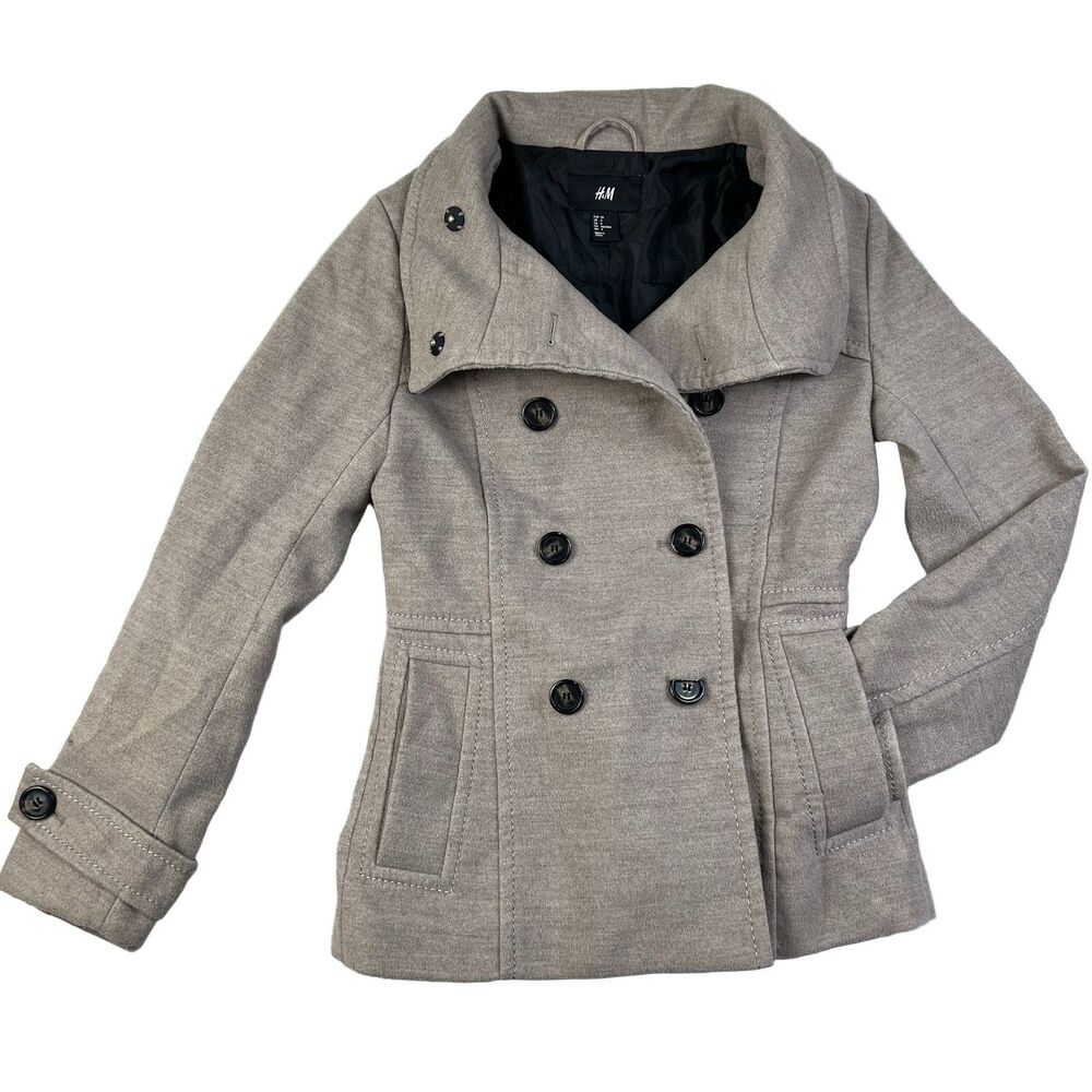 H&M Peacoat Jacket Women's US 4 Beige Double-breasted Polyester Rayon Spandex